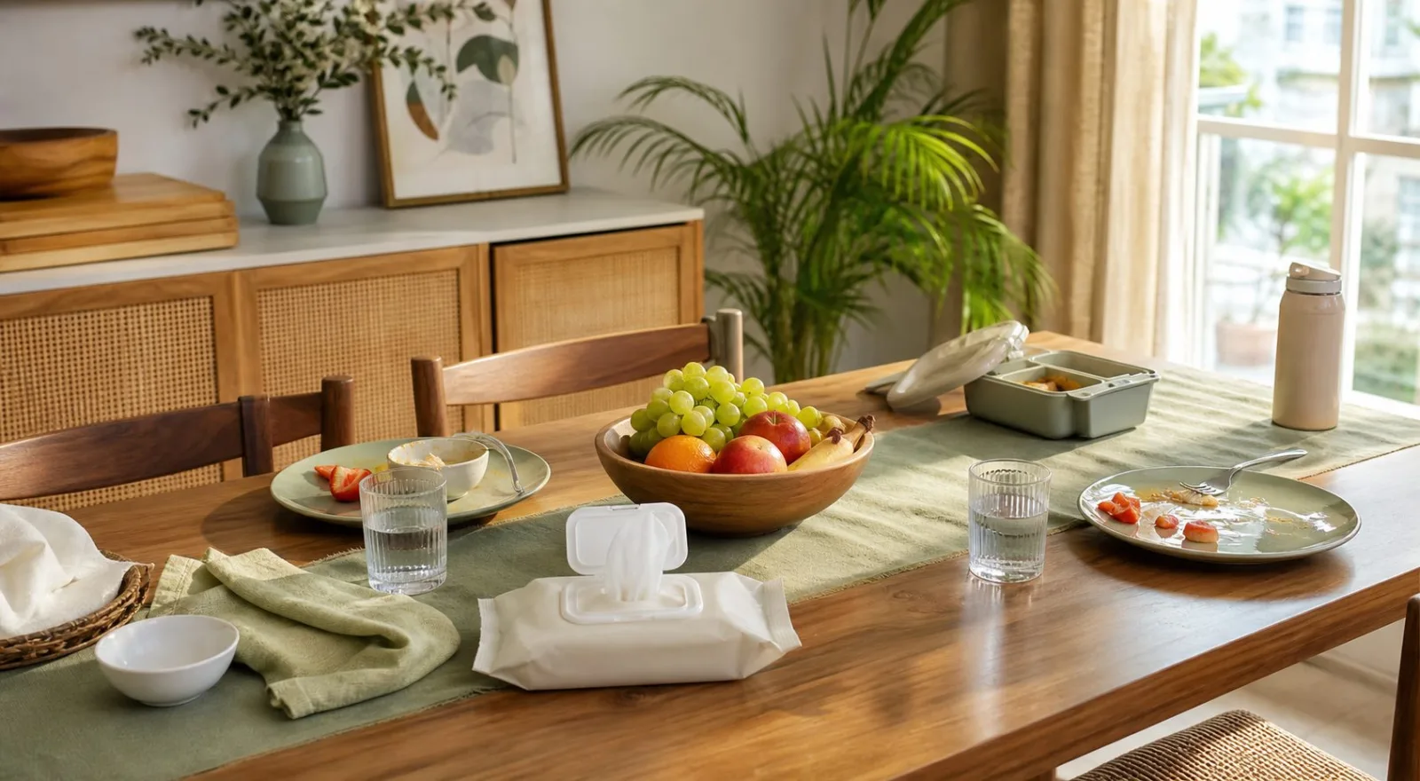Zero-fragrance wipes ready for family breakfast cleanup in an Indian home