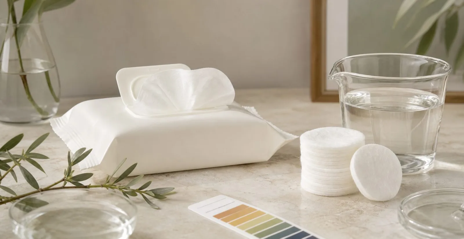 Ingredient transparency desk with zero-fragrance wipes and pH-aware care details